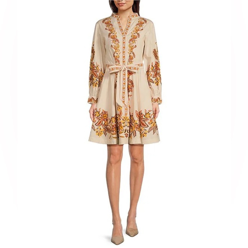 Jude Connally Petra Auburn Floral Stretch Poplin Mandarin Collar Belted Shift